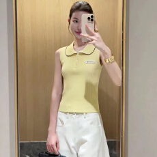 批发十三行 2026夏季撞色POLO领无袖针织纽扣背心女修身显瘦百搭上衣