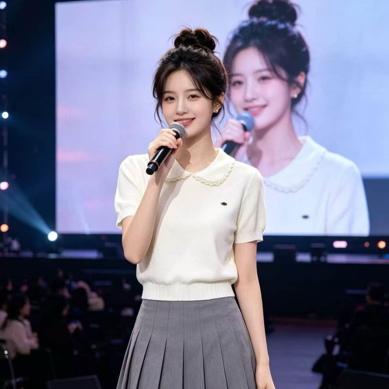 패션 미니멀리즘 베이비 칼라 레이스 밑단 꽈배기 니트 풀오버 반팔