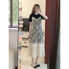 批发法式重工蕾丝提花拼接裙子女夏季大码胖妹妹设计感气质显瘦<b class='q'>连衣裙</b>