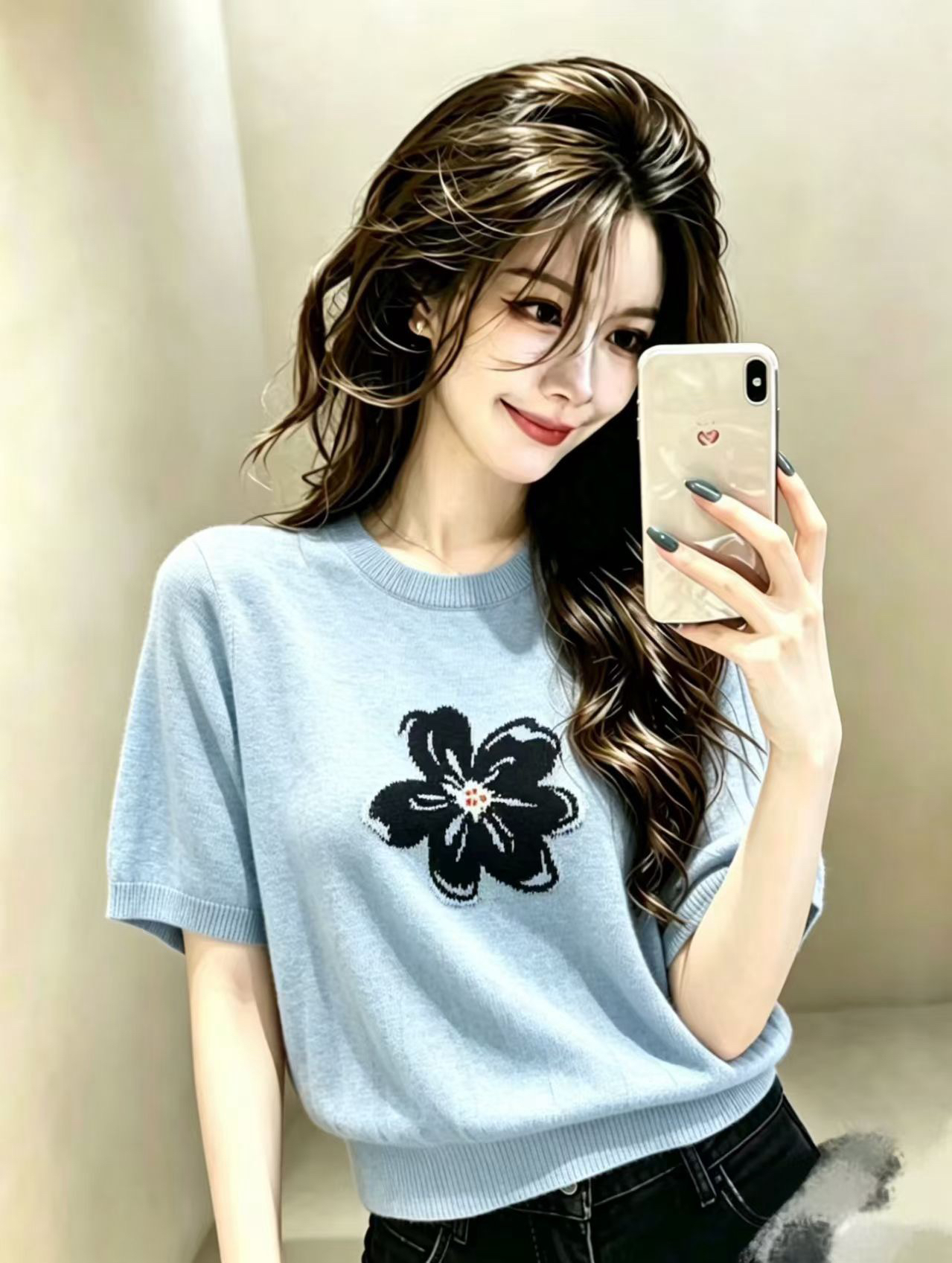 배색 꽃 자카드 니트 스웨터 여성용 짧은 소매 2026 여름 새로운 느슨함 센스 얇은 맨위