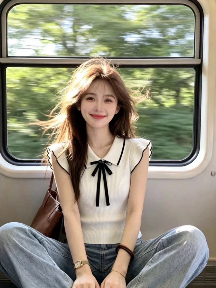 색상 나비 매듭 작은 날다 소매 짠 셔츠 여성 여름 새로운 품격 부드러운 작은 대중 맨위
