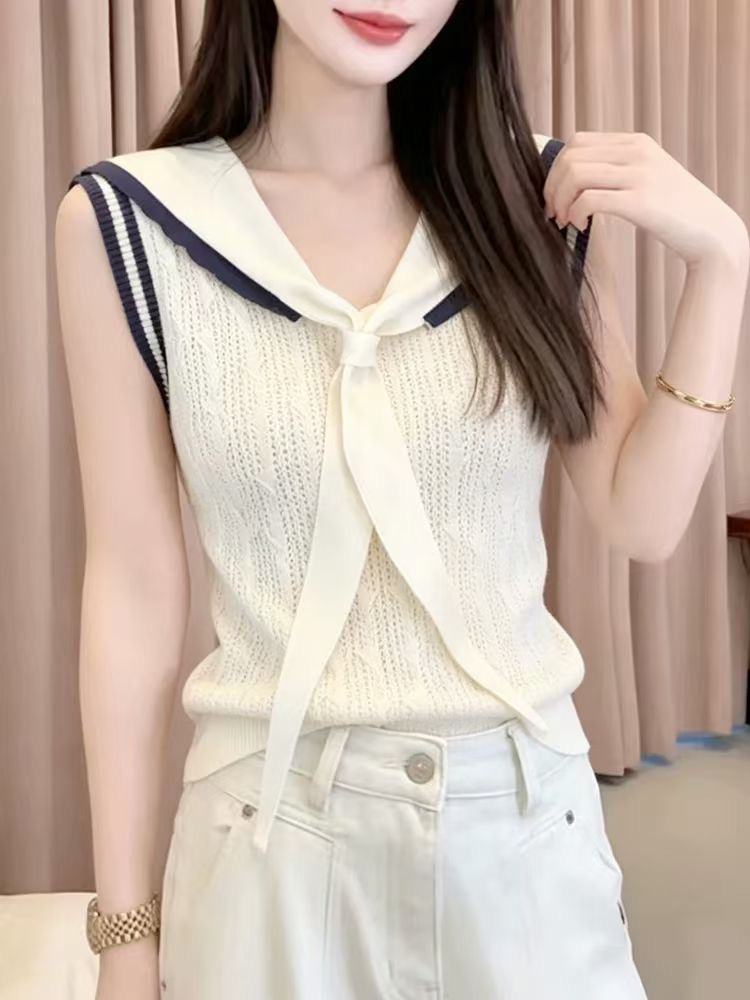 프랑스식 해군 칼라 V넥 니트 반팔 티셔츠 여성 여름 배색 민소매 조끼 얼음 차가운 실크