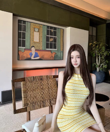 한 비 지아 c lt gaia erina 시리즈 황색 스트라이프 행침 목 백리스 허리 수축 타이트 스커트 니트 드레스