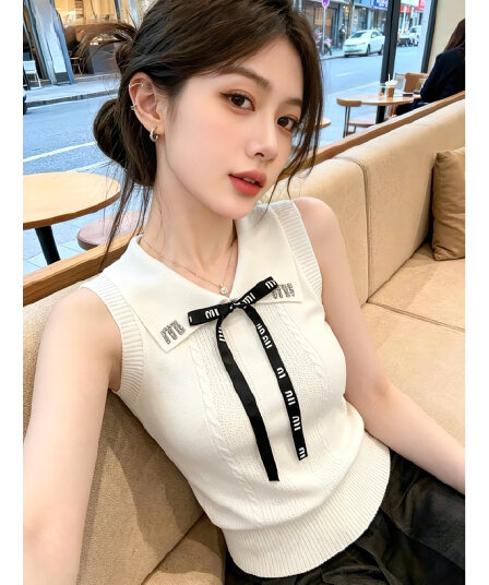 보존 섹션 추천 프랑스식 나비 매듭 폴로 칼라 민소매 니트 조끼 여성 여름 새로운 품격 슬림해 보이는 맨위