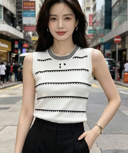 2026 년 여름 새로운 조수 브랜드 니트 향기로운 홈 logo 스트라이프 민소매 풀오버 조끼 슬림해 보이는 다용도 여성 셔츠