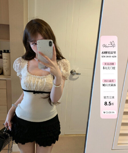 있음 선적 사람들 면 거품 소매 티셔츠 여자 칼라 레이스 조각 나비 매듭 몸매 가꾸기 슬림해 보이는 반팔 맨위