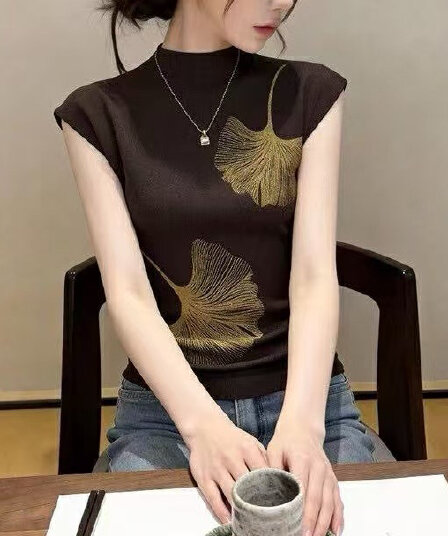 검정색 니트 반팔 티셔츠 여성 여름 인사이드 가져 가라. 프린트 다용도 어깨 동정 올해 인기 아름다운 ~ 중 맨위