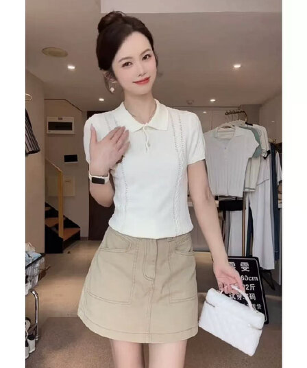 프랑스식 홀로우 아웃 강아지 자수 화이트 반팔 얼음 실크 니트 티셔츠 여성 여름 몸매 가꾸기 폴로 칼라 POLO 셔츠 맨위
