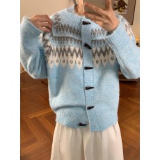 批发费尔岛牛角扣百搭毛衣外套韩版秋冬2026新款提花圆领百搭针织<b class='q'>开衫</b>
