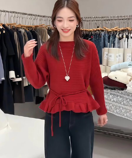 한 부서 디자인 센스 레이스업 프릴 허리 수축 니트 스웨터 여성 2026 새로운 가을 겨울 다용도 품격 슬림해 보이는 스웨터