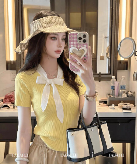 달콤함 명문 여성 바람 황색 나비 매듭 리본 니트 스웨터 여성 여름 폴로 칼라 레이스업 몸매 가꾸기 슬림해 보이는 반팔 맨위