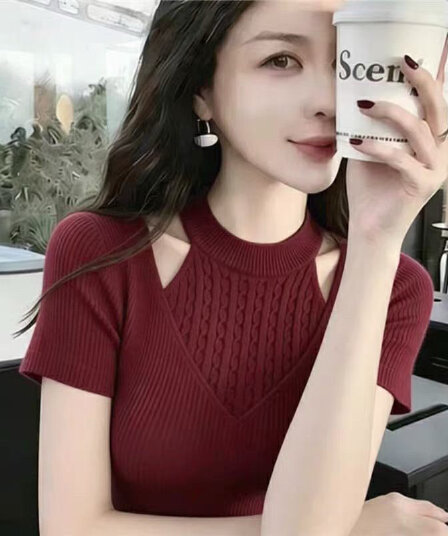 프랑스식 부드러운 바람 행침 목 홀로우 아웃 니트 스웨터 여성 얼음 실크 꽈배기 몸매 가꾸기 반팔 티셔츠 다용도 기본 셔츠 빛 럭셔리