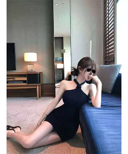 chill 챠오어 비율 확대경 해군 행침 목 니트 여성 드레스 순수한 욕망 백리스 짧은 치마