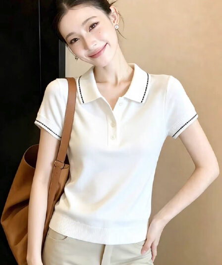 배색 POLO 칼라 반팔 니트 스웨터 여성 2026 여름 빅 사이즈 지방 mm 다용도 루즈핏 슬림해 보이는 출퇴근 바람 맨위