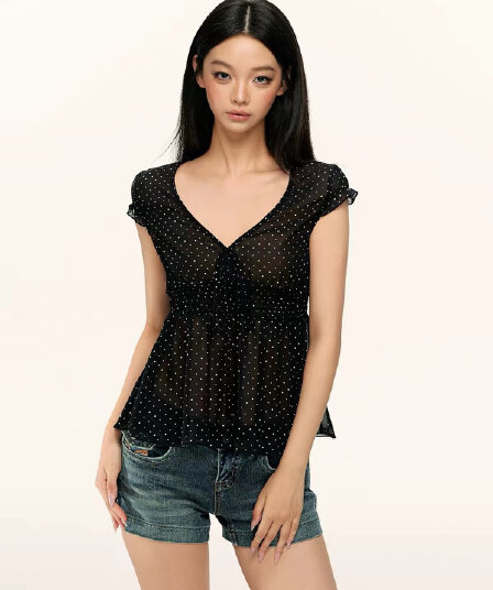 nova basics 천년기 레트로 작은 도트 무늬 하이웨이스트 명중 가져 가라. 단층 가벼움 고대 조기 맛 작은 셔츠 여성