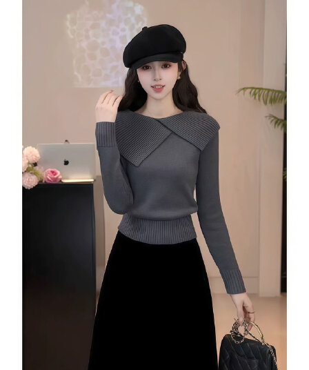 불규칙 폴로 칼라 회색 니트 스웨터 여성 2026 가을 새로운 프랑스식 품격 스웨터 몸매 가꾸기 슬림해 보이는 맨위 여성