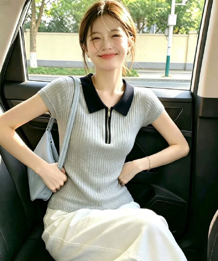 한국 스타일 배색 폴로 칼라 하프 지퍼 반팔 니트 스웨터 여성 2026 여름 새로운 고급 센스 슬림해 보이는 다용도 맨위