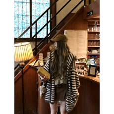 批发安火火韩系慵懒风软糯条纹连帽针织开衫女春秋宽松百搭毛衣外套