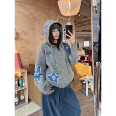 批发美式复古宽松连帽星星慵懒风开衫毛衣外套女秋冬休闲小众上衣