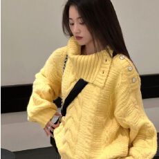 批发慵懒风高领毛衣女学生秋冬新款设计感翻领麻花针织衫宽松软糯上衣
