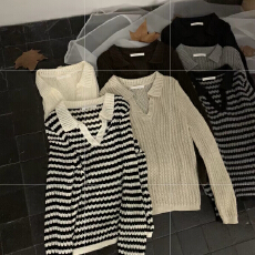 批发高端女装韩系学院风翻领条纹针织衫早秋长袖黑白拼色百搭减龄上衣