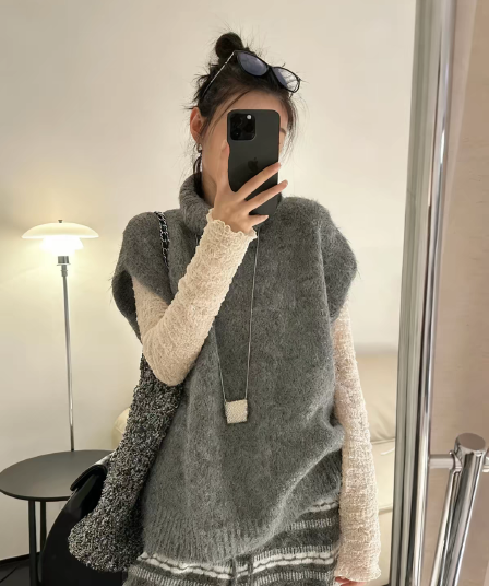 daqianwithu 한 부서 터틀넥 조끼 스웨터 여자 느긋한 느슨함 센스 다용도 스택 착용 민소매 맨위