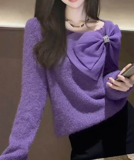 느긋한 바람 보라색 나비 매듭 니트 스웨터 여성 가을 겨울 부드러운 찹쌀 루즈핏 슬림해 보이는 고급 센스 스웨터 보트넥 맨위