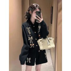 批发休闲黑色提花套装<b class='q'>春</b>季小个子穿搭女2026新款慵懒风上衣裤子两件套