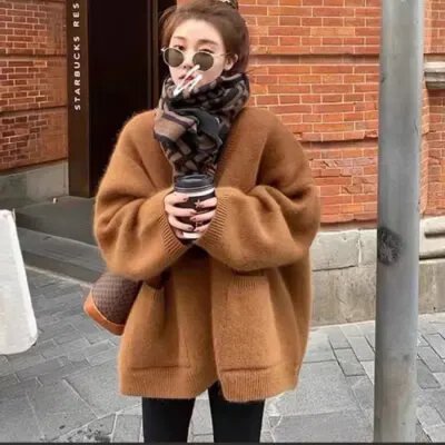 가을 겨울 느긋한 바람 루즈핏 커피 색상 니트 스웨터 오픈 가디건 여성 부드러운 찹쌀 두꺼운 한국 스타일 품격 고급 맨위 재킷