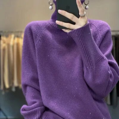 가을 겨울 새로운 보온 외국 가스 다용도 터틀넥 니트 스웨터 광택 실 두꺼운 작은 대중 풀오버 연령 감소 스웨터 여자