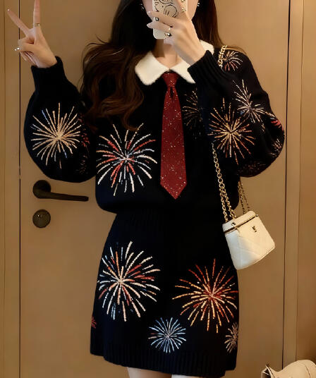 2026 새로운 학원 스타일 불꽃놀이 프린트 두 조각 여성 세트 봄 POLO 칼라 A라인 스커트 신년 세트