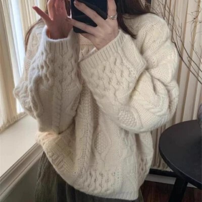 한 부서 화이트 꽈배기 풀오버 스웨터 여자 가을 겨울 2026 새로운 느긋한 고급 센스 루즈핏 두꺼운 니트 맨위