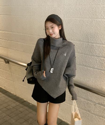 우 77 회색 불규칙 터틀넥 망토 니트 스웨터 여자 한 부서 작은 대중 디자인 센스 품격 루즈핏 맨위 가을