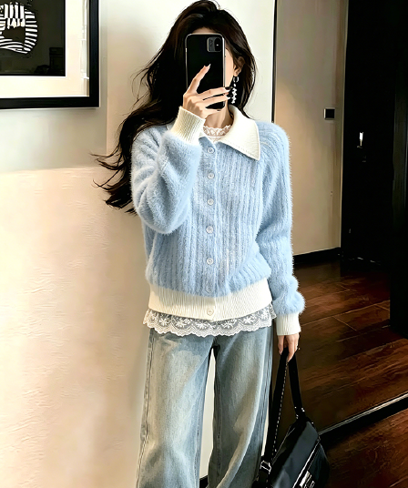 부드러운 바람 배색 화이트 폴로 칼라 밍크 플리스 오픈 가디건 여성 슬림해 보이는 수직 곡물 부드러운 찹쌀 니트 스웨터 가을 겨울 외부 가져 가라.