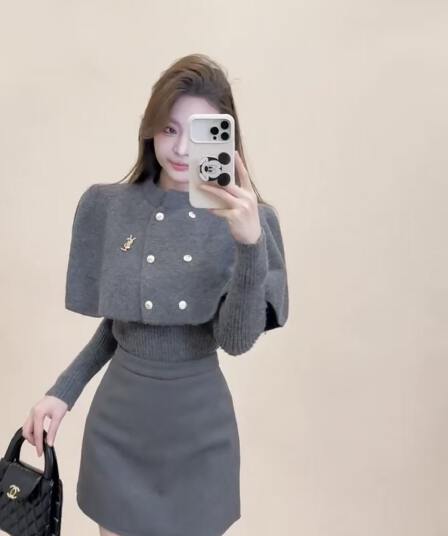 가을 겨울 새로운 작은 샤넬 스타일 싱글 줄 버튼 스탠드 칼라 망토 니트 숄 맨위