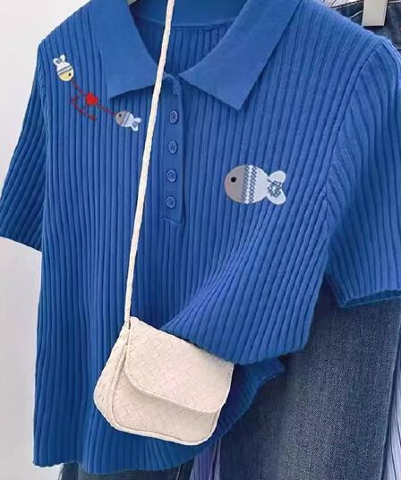 도파민 톰 글 래 원인 블루 POLO 칼라 긍정적 인 어깨 반팔 티셔츠 여성 여름 한 부서 연령 감소 다용도 캐주얼 맨위