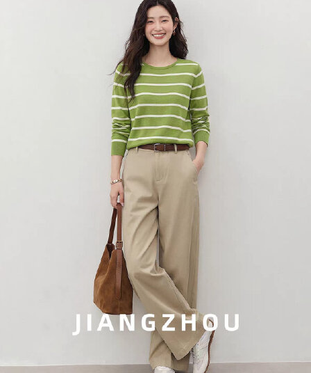 강 대륙 jiangz 가을 새로운 캐주얼 다용도 녹색 스트라이프 긴팔 니트 티셔츠 여성 배색 라운드 넥 맨위