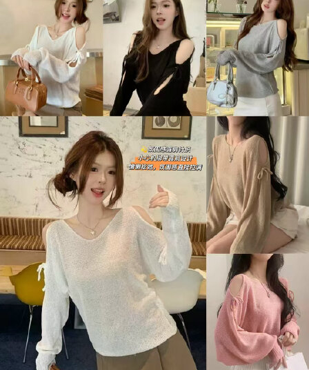 여름 프랑스식 디자인 센스 홀로우 아웃 스트랩 나비 매듭 루즈핏 긴팔 자외선 차단 니트 블라우스