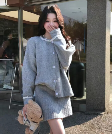 프랑스식 작은 샤넬 스타일 니트 오픈 가디건 반신 스커트 투피스 슈트 여성 가을 겨울철 miu 부서 품격 고급 센스 세트