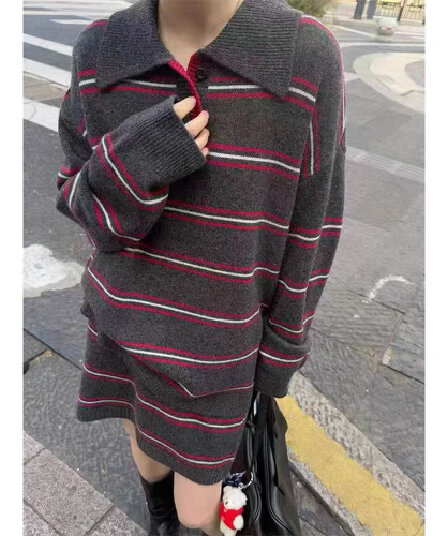 가을 새로운 한 부서 느긋한 바람 POLO 칼라 루즈핏 스트라이프 긴팔 스웨터 니트 반신 스커트 투피스 세트