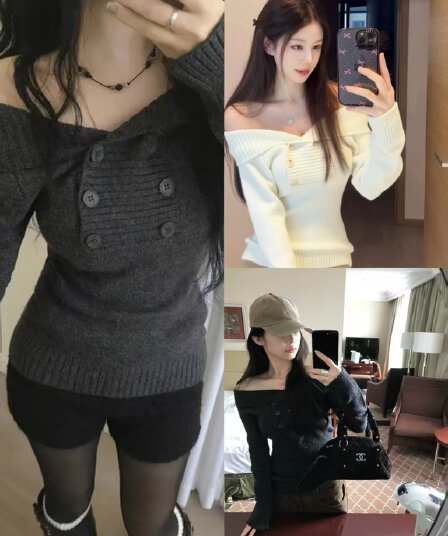2026 새로운 한 부서 감기 분위기 보트넥 폴로 칼라 이중 버튼 다용도 슬림해 보이는 오프숄더 니트 스웨터 스웨터