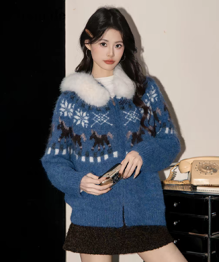 레트로 모피 칼라 후드 공정한 섬 스웨터 여성 코트 부드러운 찹쌀 루즈핏 두꺼운 니트 오픈 가디건 맨위