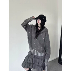 批发咖喱人古早感复古条纹波点针织外套<b class='q'>女</b>宽松圆领拉链<b class='q'>开衫</b>百搭休闲