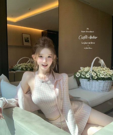 가을 새로운 바다 소금 향기로운 노래 블루 그리드 분말 그리드 오픈 가디건 조끼 반 스커트 3종 세트 세트 여성 트렌디