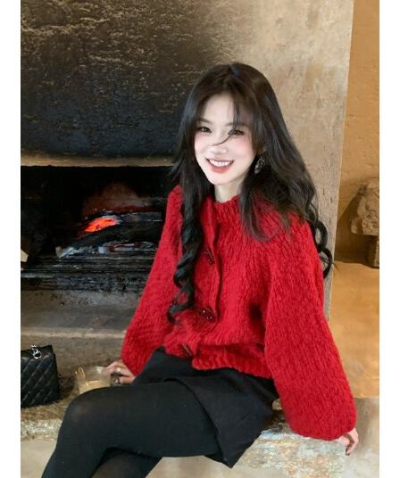 한 부서 레트로 부드러운 찹쌀 트위스트 플라워 레드 색상 스웨터 여성 코트 겨울 고급 센스 신년 크리스마스 쇼트 스타일 니트 오픈 가디건