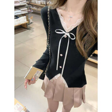 批发法式V领蕾丝花边纯欲<b class='q'>打底衫</b>女内搭早秋高级感毛衣长袖针织衫上衣
