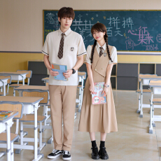 批发情侣装夏季学生班服套装假2件连衣裙舞台表演服装 女裙73 男套60