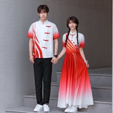 批发情侣装夏季学生班服套装中国红歌唱朗诵<b class='q'>舞台</b>连衣裙女裙73  男套65