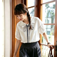 批发2026年韩版简单经典小清新<b class='q'>甜美</b>泡泡袖双领衬衫时尚休闲衬衫