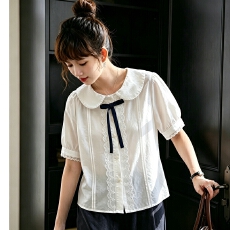 批发2026年夏季新款韩版蕾丝花边拼接娃娃领蝴蝶结小清新洋气休闲衬衫